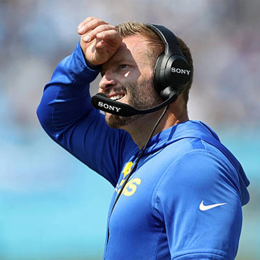 Sean McVay LA Rams performance hoodie t-shirt in blue with lightweight, flexible material.
