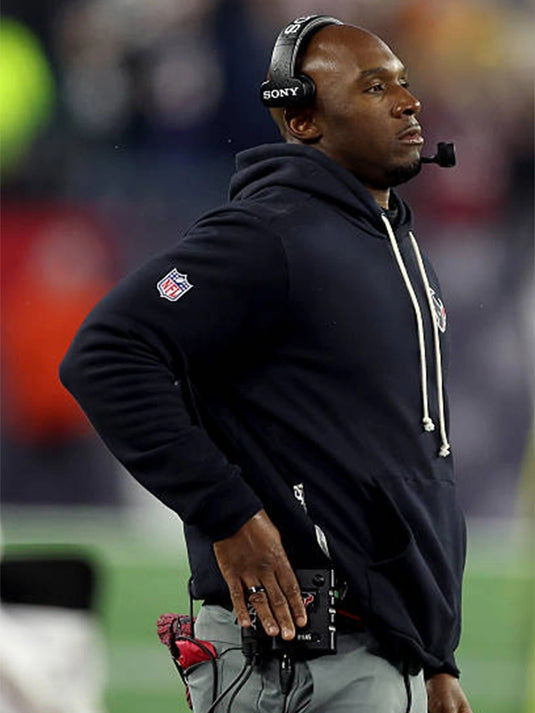 Navy Nike Houston Texans pullover hoodie designed after DeMeco Ryans’ 2025 sideline style