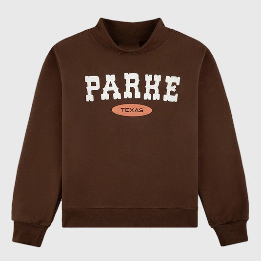 Texas Signature Brown Mockneck Sweatshirt crafted from fleece with subtle Parke branding and a relaxed silhouette.