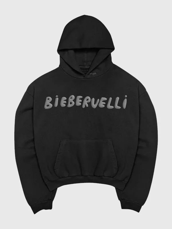 Black Justin Bieber Skylrk Biebervelli hoodie recreated with cozy fleece construction and relaxed streetwear fit