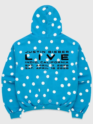 Blue Justin Bieber Skylrk polka dot fleece hoodie recreated with cozy construction and modern streetwear styling