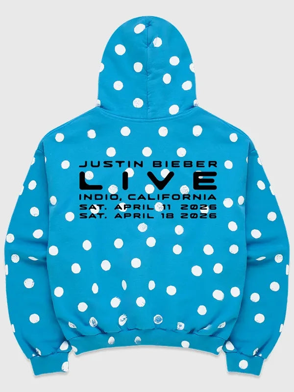 Blue Justin Bieber Skylrk polka dot fleece hoodie recreated with cozy construction and modern streetwear styling