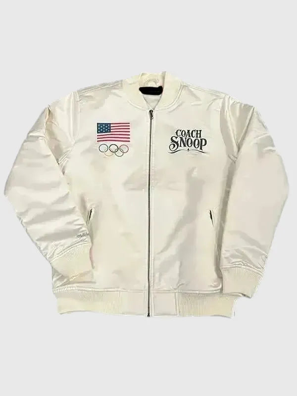 White satin Snoop Dogg Team USA 2026 Olympic jacket built for lightweight warmth and standout street style