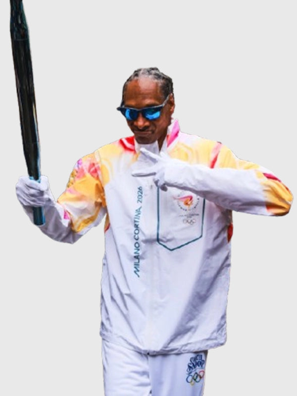 White full-zip jacket recreated from the Milano Cortina 2026 Winter Olympics torchbearer series, inspired by Snoop Dogg’s Olympic look.