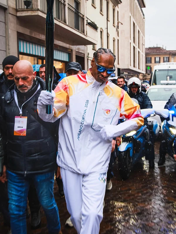 Milano Cortina 2026 Winter Olympics Snoop Dogg torchbearer jacket recreated in white, featuring a classic fit and full-zip front.