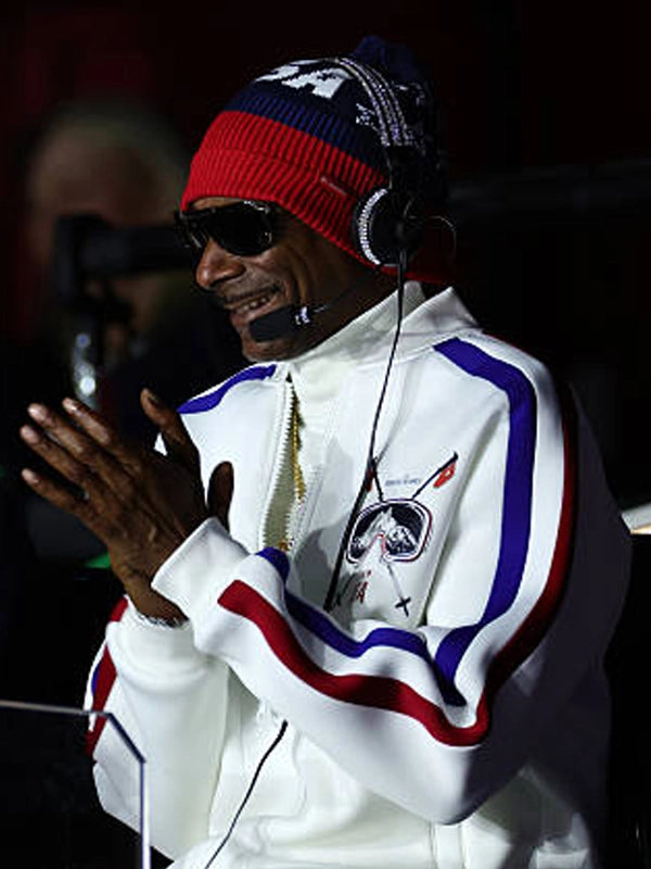 Team USA white track jacket Milano Cortina 2026 design associated with Snoop Dogg, streamlined fit and classic performance styling
