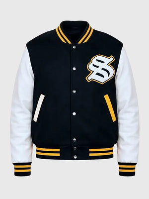 Solflare varsity jacket recreated in black and white wool with durable build and refined outerwear appeal