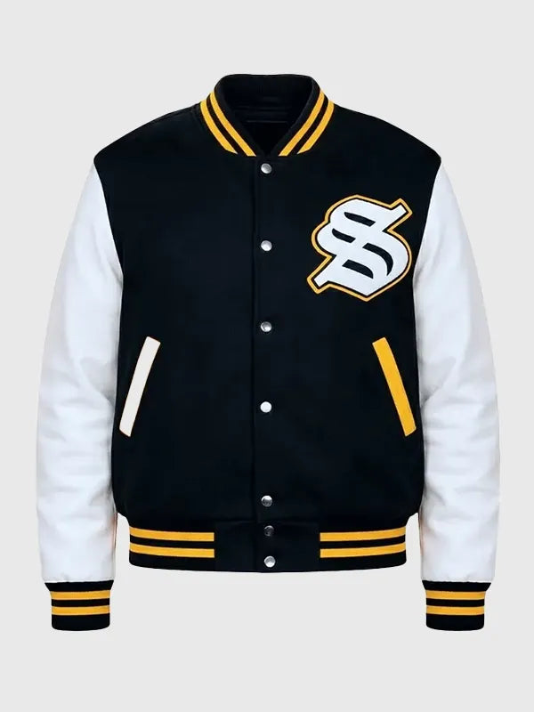 Solflare varsity jacket recreated in black and white wool with durable build and refined outerwear appeal
