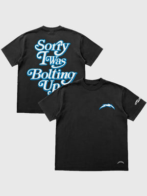 Seen x Chargers “Sorry I Was Bolting Up” classic crewneck T-shirt in black with relaxed fit and casual style