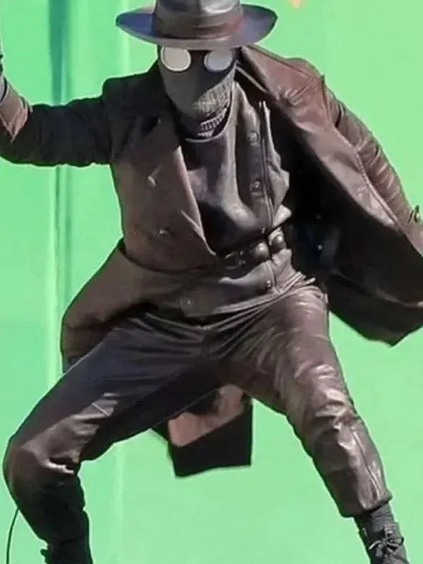 Ben Reilly brown leather coat from Nicolas Cage Spider Noir 2026 series featuring structured shoulders and smooth inner lining