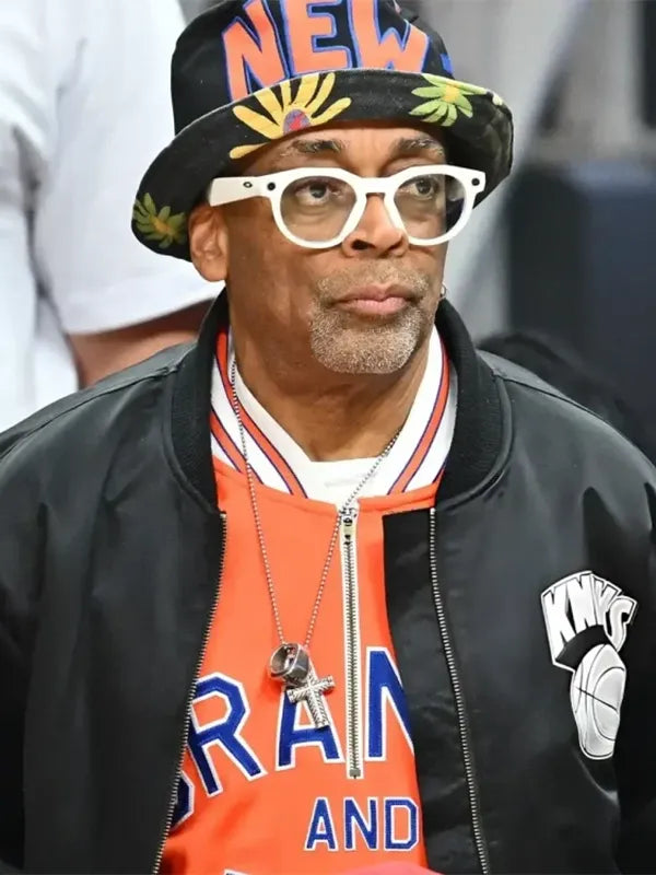 New York Knicks Satin Bomber Jacket crafted with smooth texture, ribbed trims, and iconic courtside-inspired style