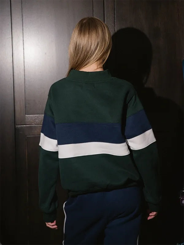 RECREATED Parke 2026 Green Vintage Stripe Mockneck Fleece Sweatshirt crafted with plush fleece material and retro-inspired stripe accents