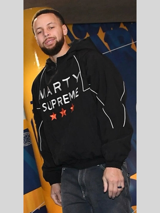 Recreated Marty Supreme black hooded jacket worn by Stephen Curry featuring a clean full zip build