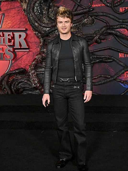 Joe Keery Stranger Things Season 5 Premiere Black Leather Jacket with sleek front zip closure and a modern, fitted silhouette.