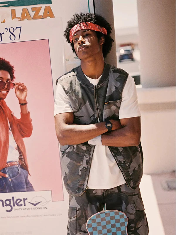 Grey camo full-zip vest from Wrangler x Stranger Things season 5 with understated pattern detailing