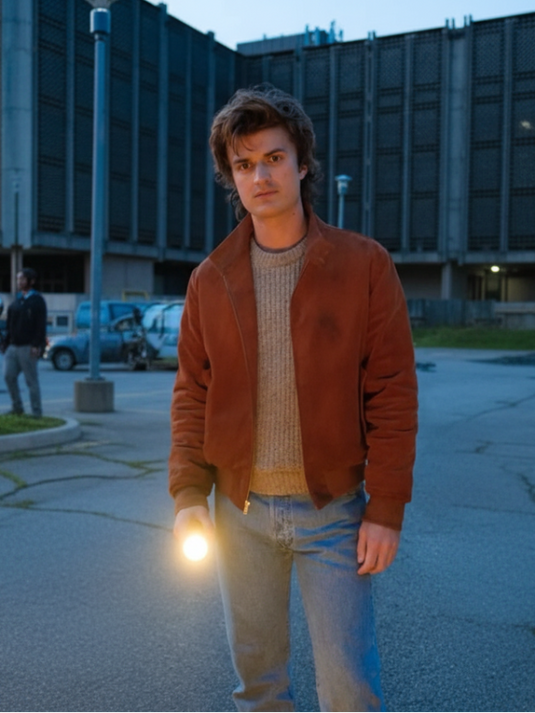 Joe Keery inspired brown suede jacket from Wrangler x Stranger Things season 5, styled after Steve Harrington