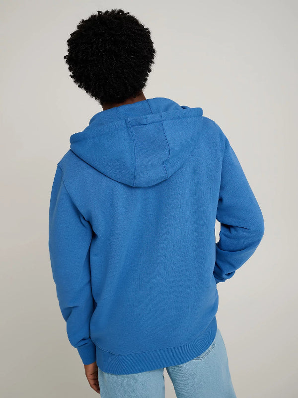 Recreated Wrangler x Stranger Things Eleven blue fleece hoodie designed with casual comfort and TV-inspired style