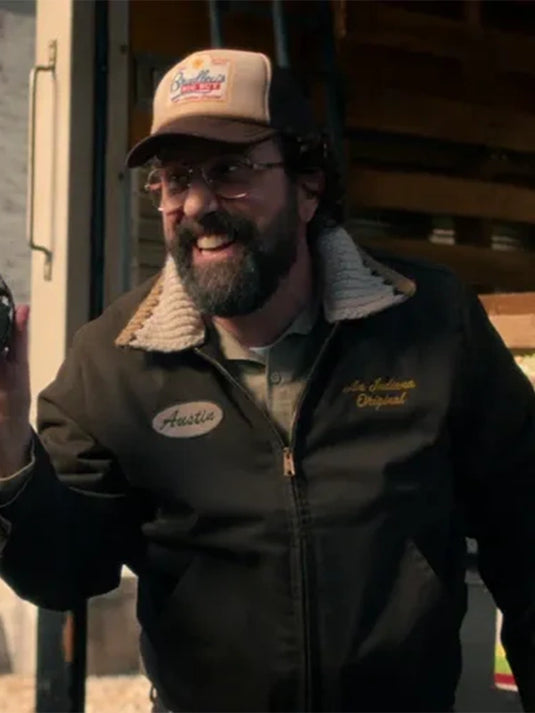 Brown cotton Wrangler Stranger Things season 5 jacket capturing Murray Bauman’s understated wardrobe aesthetic