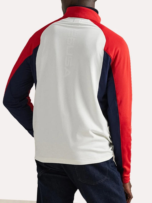 Polo Ralph Lauren red and white quarter zip fleece pullover designed around the Milano Cortina 2026 Winter Olympics Team USA theme with cozy performance appeal