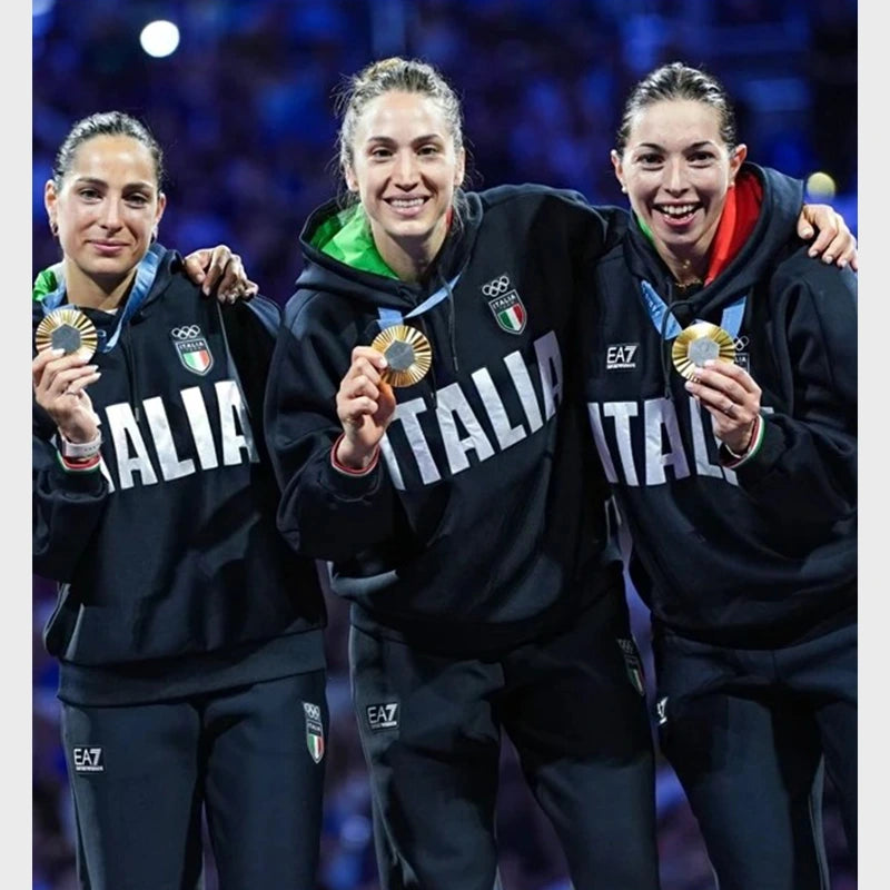 Recreated Paris Olympics Italia black hoodie featuring soft fleece and timeless pullover design