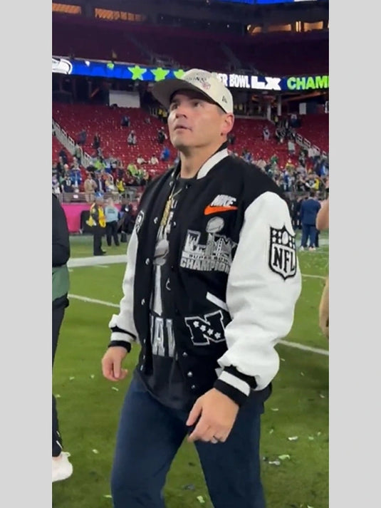 Recreation Mike Macdonald Seattle Seahawks varsity jacket celebrating Super Bowl LX in classic black and white colorway
