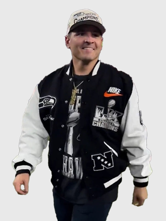 Recreation varsity jacket with black wool and white leather sleeves honoring Coach Mike Macdonald and the Seahawks’ championship run