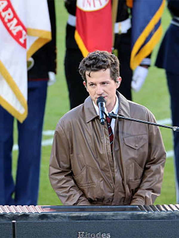 Brown leather jacket inspired by Charlie Puth’s national anthem performance at Super Bowl 2026 with timeless design