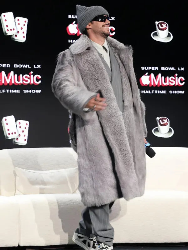 Recreated Bad Bunny Super Bowl LX Apple Music Halftime Show fur coat in grey with plush texture and statement-making outerwear design.