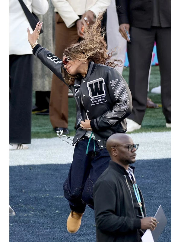 Black leather bomber jacket inspired by Blue Ivy Carter’s Super Bowl LX 2026 sideline style with Off‑White accents