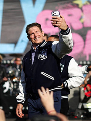 Navy-white wool MVP varsity jacket inspired by Super Bowl 2026 style with structured varsity silhouette