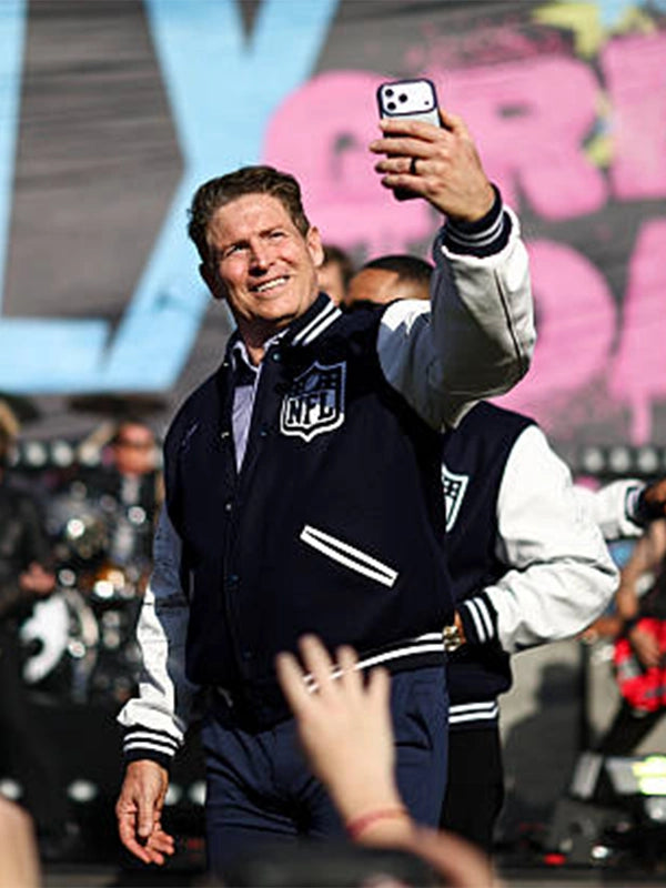 Navy-white wool MVP varsity jacket inspired by Super Bowl 2026 style with structured varsity silhouette