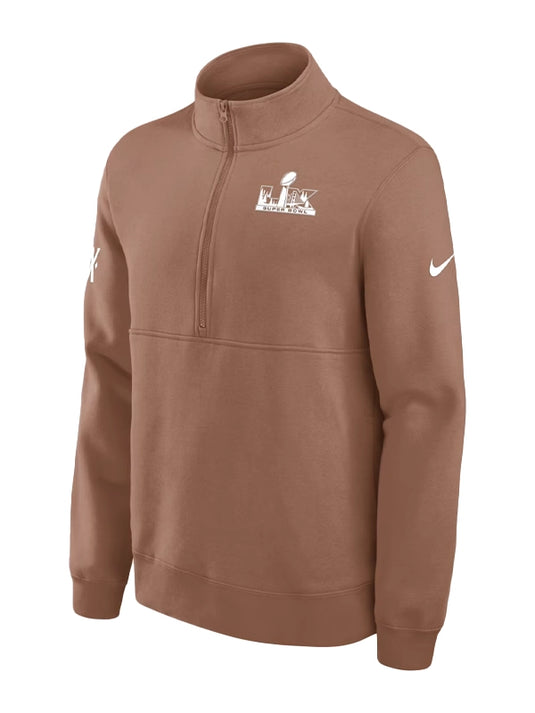 RECREATED Nike Super Bowl LX 2026 brown crew fleece 1/2 zip sweatshirt with soft fabric and relaxed fit
