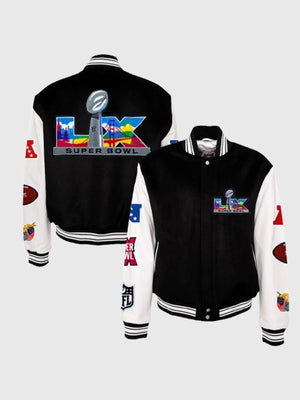 Recreated Super Bowl LX Jeff Hamilton unisex black and white wool and leather full‑snap varsity jacket with embroidered team graphics