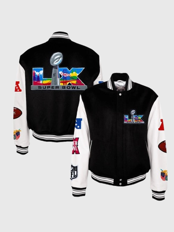 Recreated Super Bowl LX Jeff Hamilton unisex black and white wool and leather full‑snap varsity jacket with embroidered team graphics