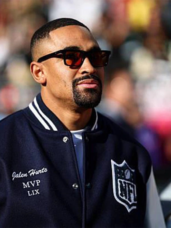 Navy and white MVP wool varsity jacket inspired by Super Bowl LX fan style and athletic heritage