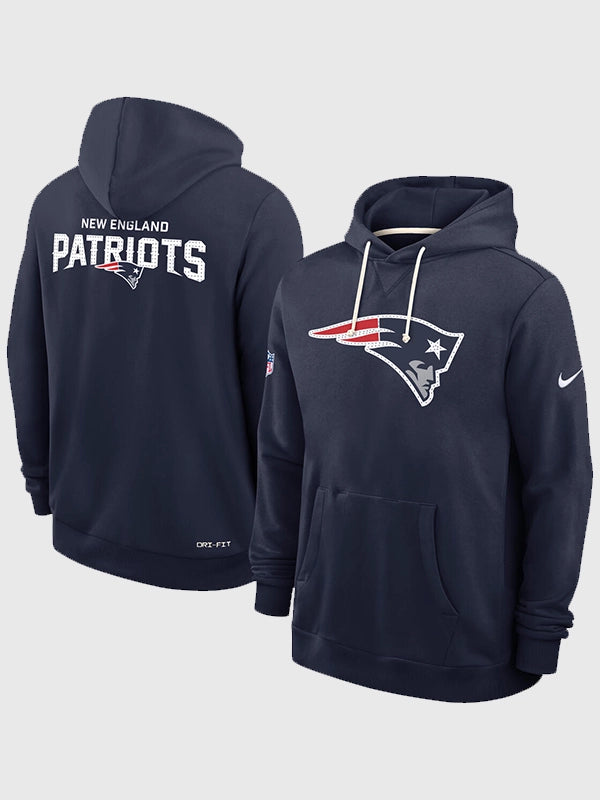 New England Patriots navy fleece pullover hoodie featuring Christian Gonzalez Super Bowl LX 2026 design