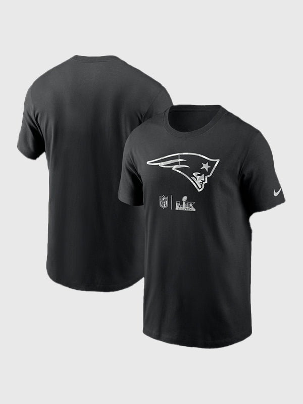 Black crewneck t-shirt recreated from the New England Patriots Super Bowl LX Opening Night 2026 collection featuring bold team graphics and soft cotton build.