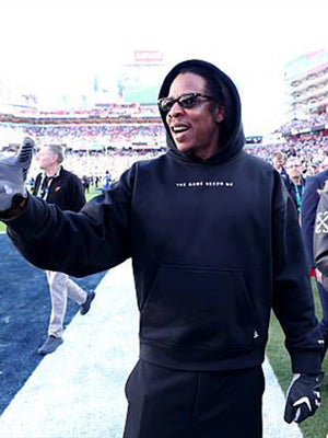 Recreated Super Bowl LX “The Game Needs Me” black fleece pullover hoodie inspired by Jay-Z and Roc Nation collaboration