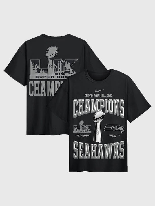 Recreated Seattle Seahawks Super Bowl LX Champions Locker Room Trophy Collection black Nike T-shirt with bold chest graphics