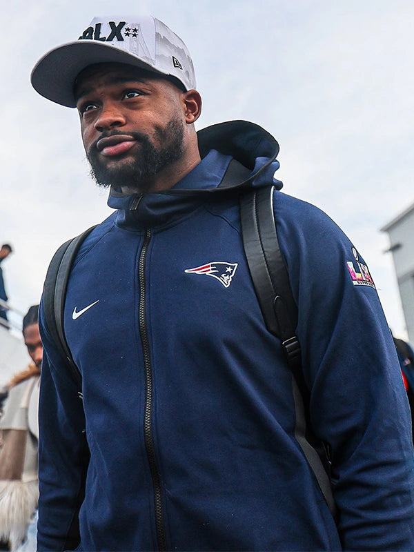 RECREATED navy Patriots 2026 Super Bowl LX logo fleece hoodie designed with classic zip up styling