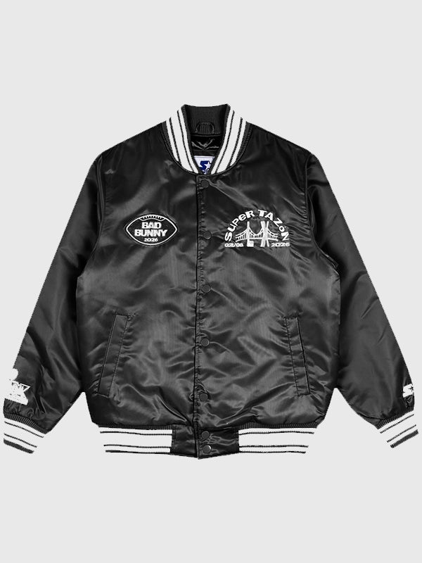 Black satin Starter jacket inspired by Bad Bunny’s Super Tazón LX collection with embroidered NFL shield and event patches