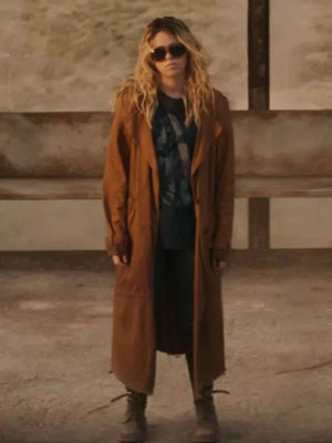 Recreated Milly Alcock Supergirl 2026 Kara Zor-El brown cotton trench coat with classic lapel collar and longline silhouette