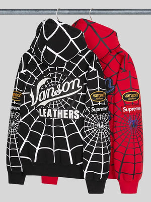 Recreated Supreme x Vanson Leathers hoodie featuring bold character graphics and classic street-ready design