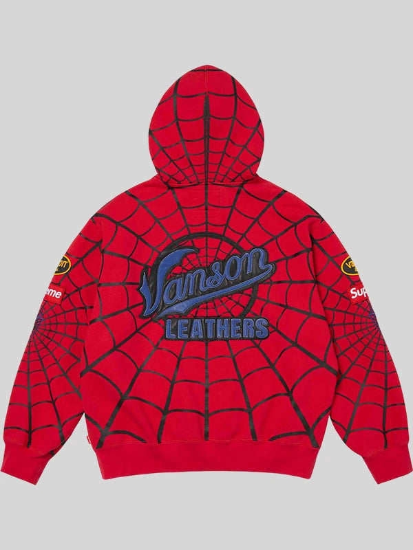 Supreme x Vanson Leathers Spiderman hoodie featuring soft fleece lining and structured streetwear silhouette