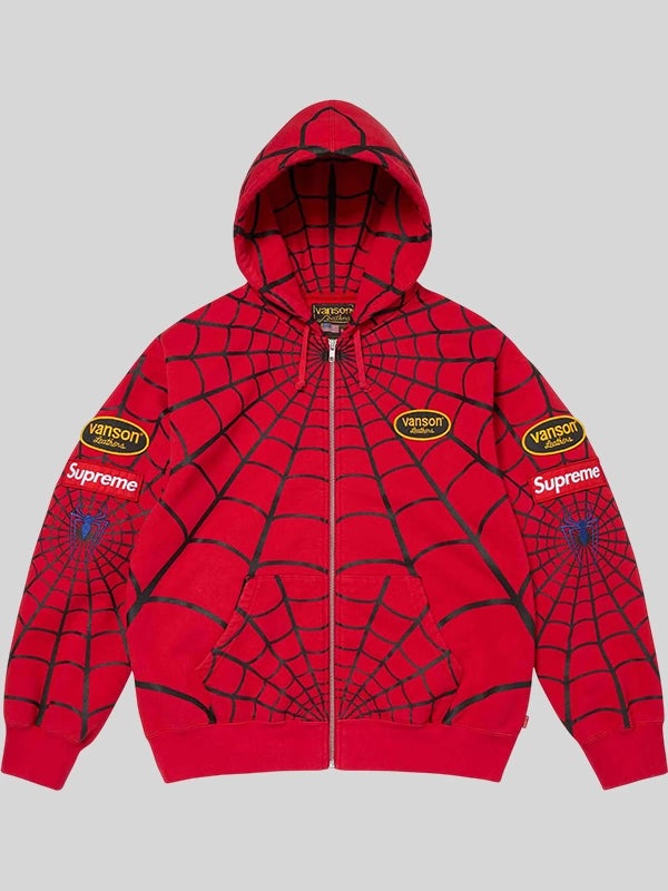 Recreated Supreme x Vanson Leathers Spiderman zip up hoodie with bold graphic detailing and full-zip front closure