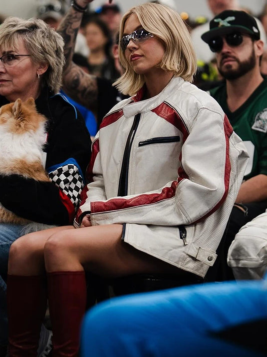Sydney Sweeney NASCAR 2025 Racing White Leather Jacket offering a bold and statement-making outerwear style.