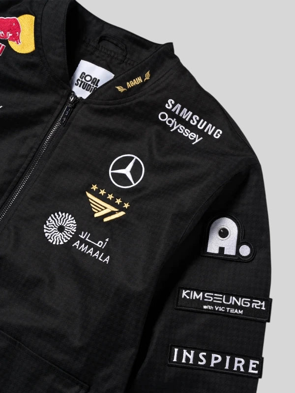 Black bomber jacket inspired by the T1 2025 Worlds uniform recreated with fine stitching and comfort.