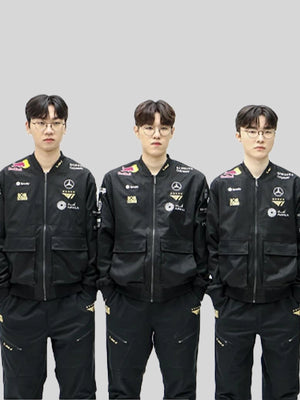 Recreation of the T1 2025 Worlds Uniform Bomber Jacket in black with modern varsity-inspired style.