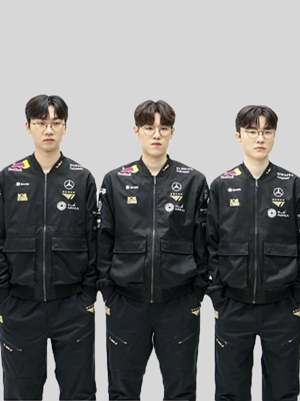 Recreation of the T1 2025 Worlds Uniform Bomber Jacket in black with modern varsity-inspired style.