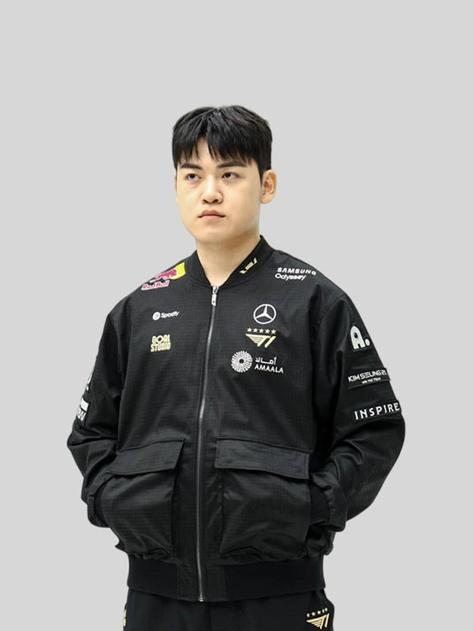 T1 2025 Worlds-inspired black bomber jacket recreation combining sporty design with timeless streetwear aesthetics.